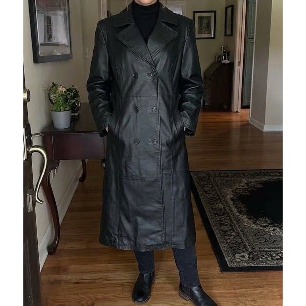 Charles Klein Womens Black Leather Belted Double-Breasted Trench Coat Size XL